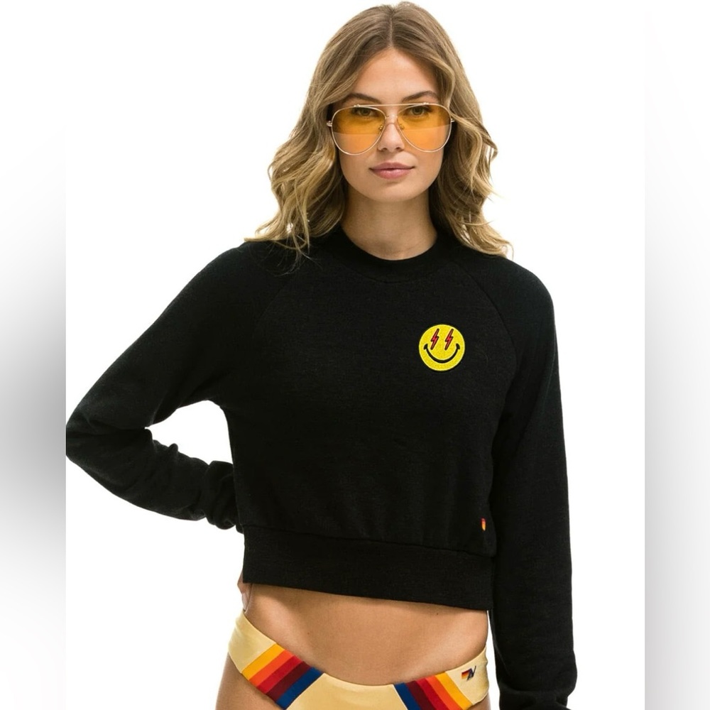 Aviator Nation Bolt Smiley Cropped Crew Sweatshirt
